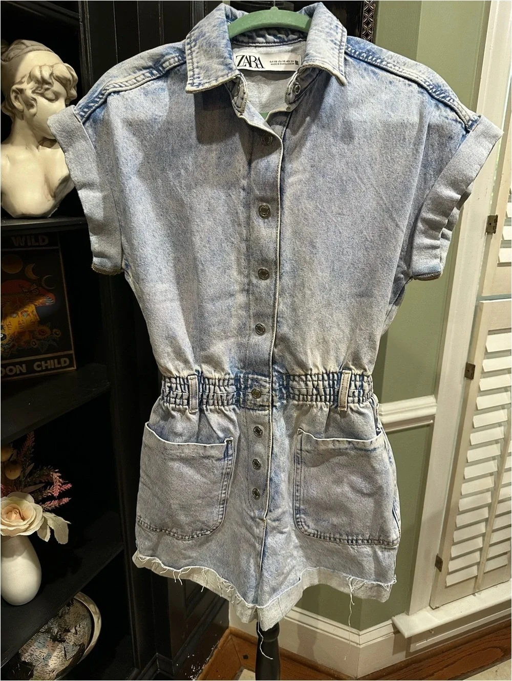 ZARA Light Blue Acid‑Wash Denim Romper – Size XS (Fits Small)